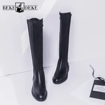 

Winter 2020 New Women Knee High Knight Low Heels Genuine Leather Riding Boots Fleece Lining Warm Casual Motorcycle Shoes