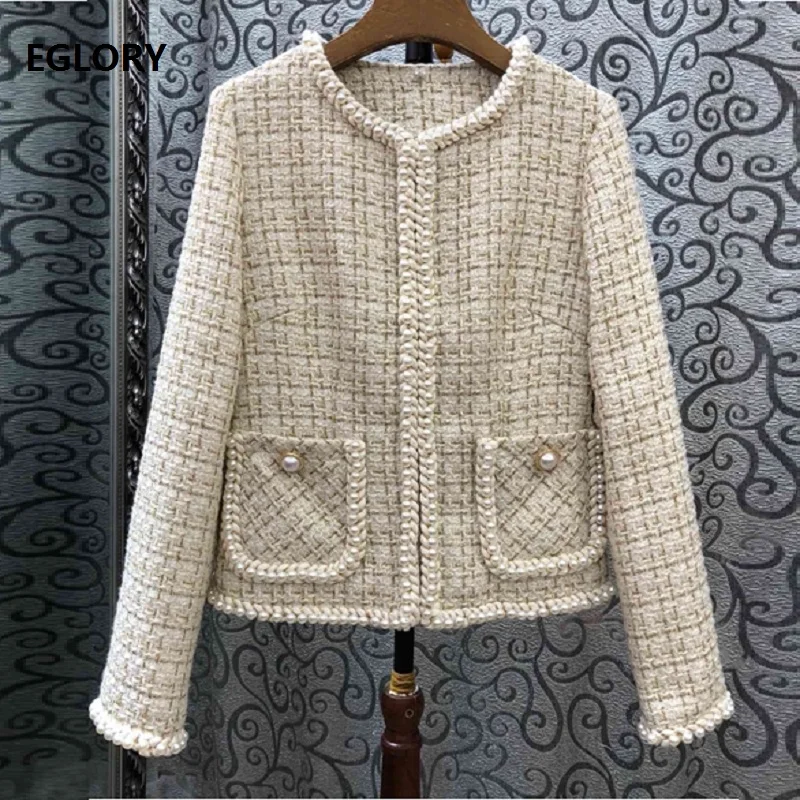 

2019 Autumn Winter Fashion Wool Jacket High Quality Women Pearl Beading Pocket Patchwork Long Sleeve Vintage Wool Coat Outwear