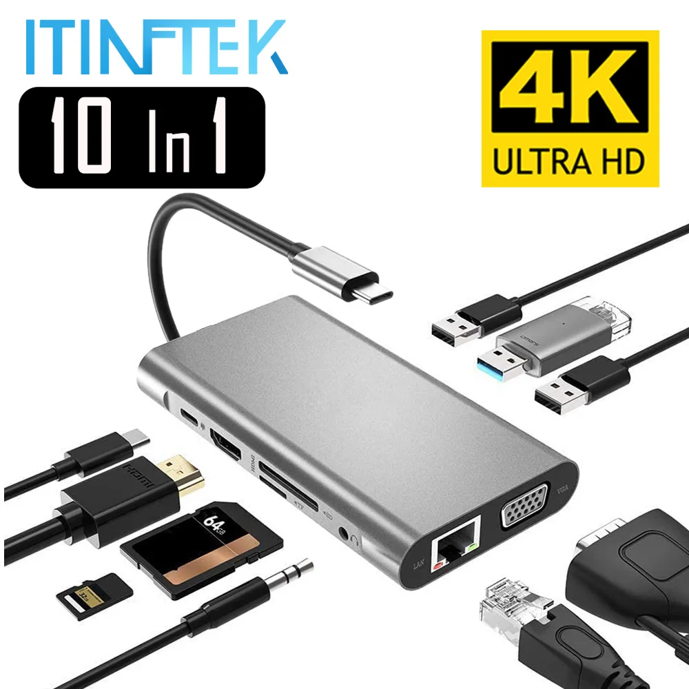 USB Type C Hub к HDMI 4K VGA адаптер RJ45 Lan Ethernet TF 3 0 5 мм разъем аудио видео для MacBook Pro OTG|USB-хабы|