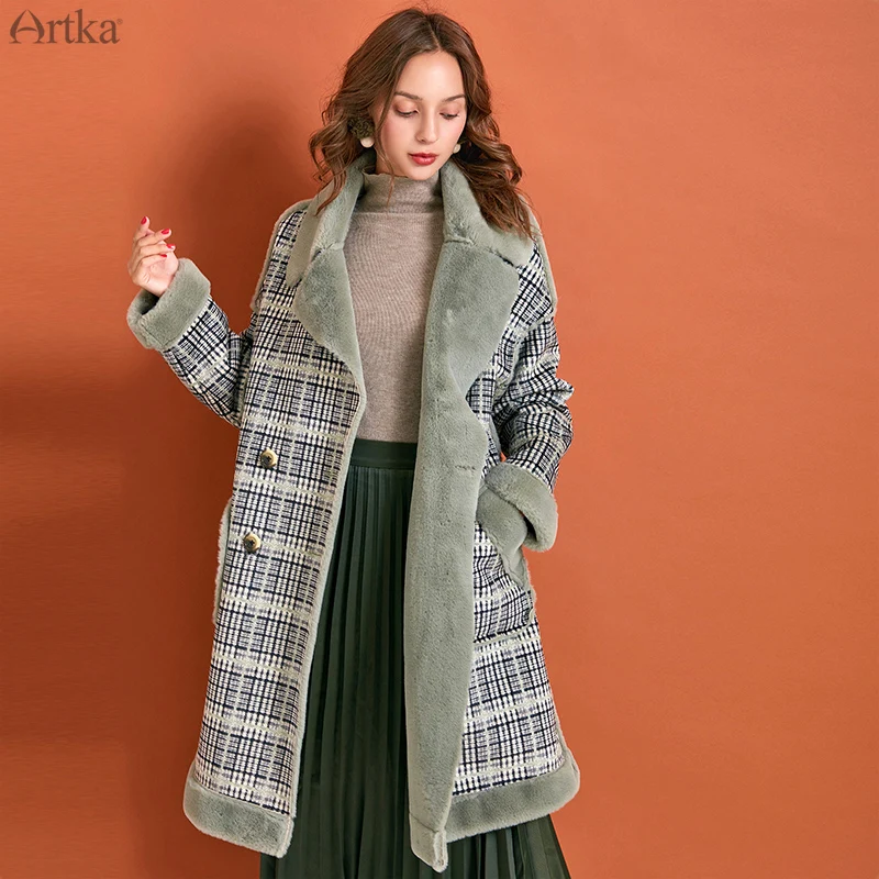 Женское шерстяное пальто ARTKA винтажное длинное теплое в клетку двубортное с