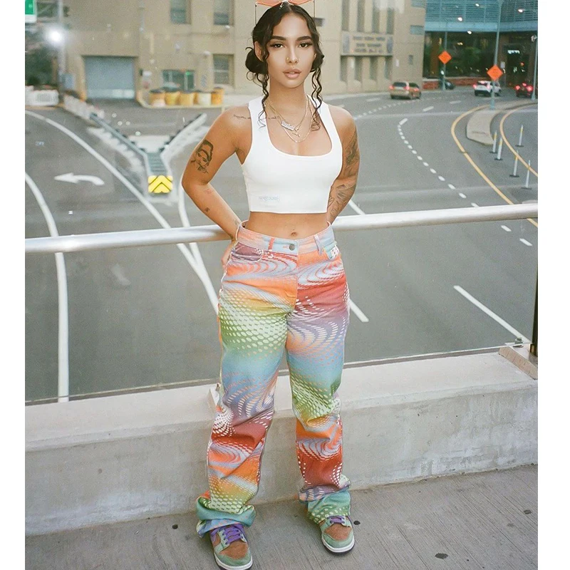 

Women High Waist Casual Denim Pants Polka Print Loose Stacked Jeans Y2K Harajuku 90S Straight Punk Trousers 2021 Fall