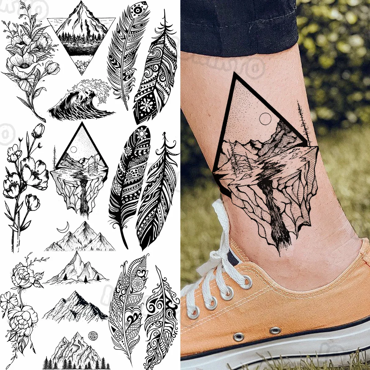 Black Mountain Small Temporary Tattoos For Women Men Realistic Feathers  Waves Tulips, Fake Tattoo Stickers Leg Arm Tatoos Tribal|Temporary Tattoos|  - AliExpress