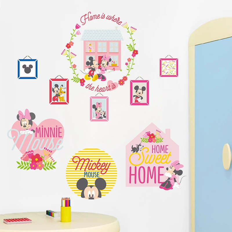 Cartoon Disney Mickey Minnie Mouse Sweet Home Wreath Wall Stickers For Kids Room Home Decor Bedroom Wall PVC Mural Art Wallpaper