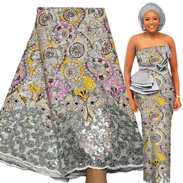 Bestway Net Lace Fabric 2021 High Quality Sequins Embroidery Nigerian Robe Sewing Material 5 Yards African Lace Fabric Printed silver-as pic