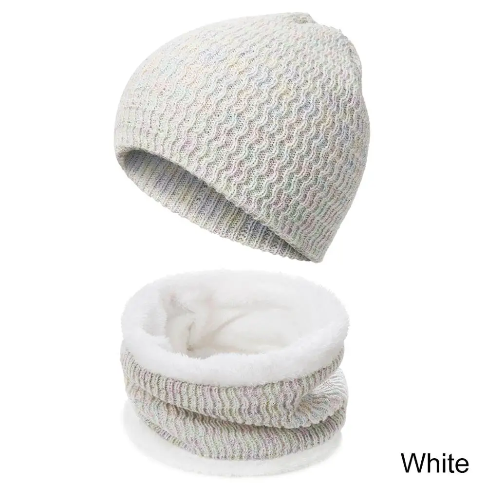 Комплект из 2 предметов, зимняя теплая вязаная шапка с шарфом, Skullies Beanies, для девочек 5-16 лет, детский спортивный комплект для улицы - Цвет: white