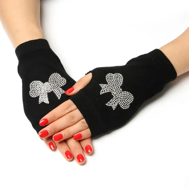 Sailor dance gloves Rivet wool gloves spring and autumn black half-finger gloves show gloves bowknot-A