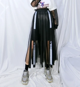 

Harajuku Punk Style Skirts Women High Waist Splicing Mesh Spliced Straps Gothic Skirt Black Fashion Feely Adjustable LT274S30
