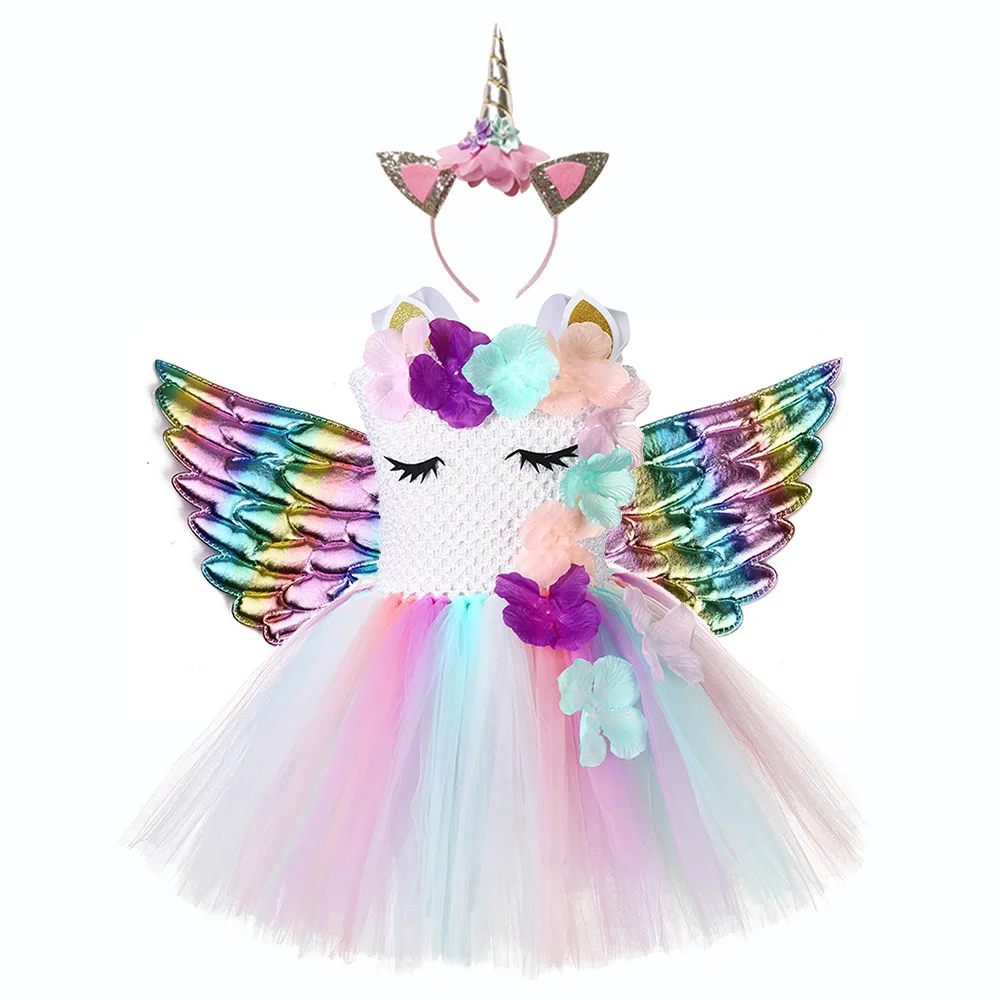 Милое праздничное платье для девочек с цветочным рисунком и единорогом Детские костюмы единорогов на Хеллоуин для девочек 1 год платье для дня рождения с единорогом повязка на голову с крыльями - Цвет: Unicorn Dress Set 1