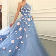 

Fairy Blue Evening Dresses 2021 One Shoulder Handmade Flowers Pearls Sleeves Tulle Graduation Party Long Evening Gowns Prom