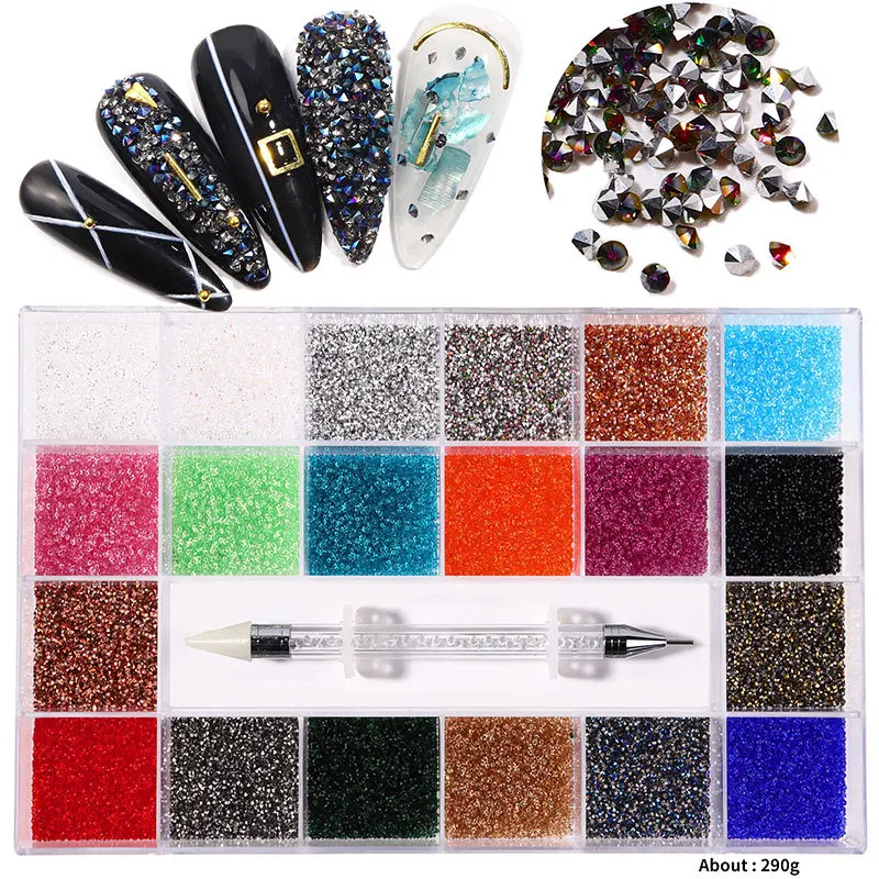 Flatback Nail Art Rhinestone Set With Gift Box Mixed Sizes NailArt Crystal Diamond In Grids 21 Special Shaped With Pick Up Pen 