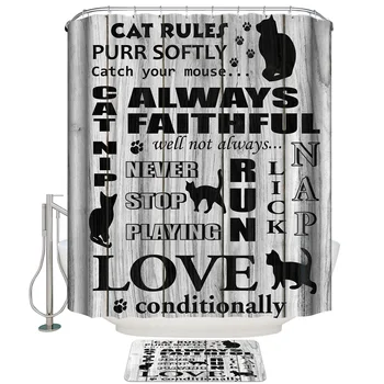 

Wood Grain Cat Rules Shower Curtain with Hooks Doormat Bath Floor Mat Waterproof Polyester