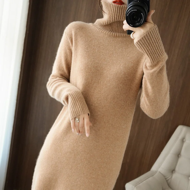 2022 Casual Autumn Winter Knitted Sweater Pullovers Dress Women Basic Loose Turtleneck Sweater Female Warm Long Dress WF192 brown sweater