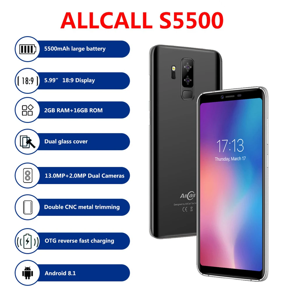 Allcall S5500 смартфон 5 99 дюйма 18:9 2 Гб ОЗУ 16 ПЗУ MTK6580 четырехъядерный Android 8 1 13.0MP + 2MP 5500