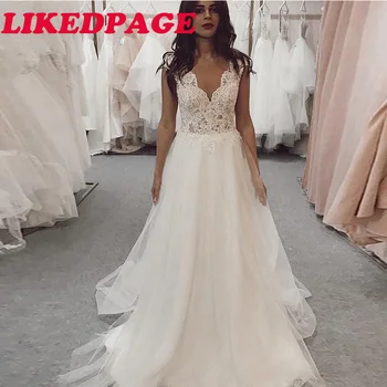 

LIKEDPAGE Elegant Wedding Dress 2020 Vestidos de novia Lace Top Bridal Gown V-Neck Sexy Romantic Floor Length Wedding Gowns