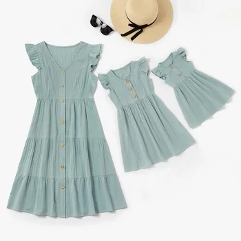 

2020 New Family Look Mother Daughter Dresses Mommy And Me Linen Cotton Clothes Summer Family Matching Outfits Women Baby Dress