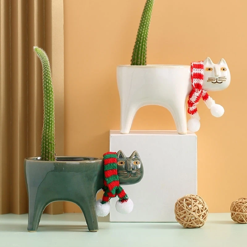 

Cute Cat Tail Flowerpot Ceramic Personality Cartoon Animal Pillar Cactus Plant Pot Balcony Home Decor Succulents Potted Plants
