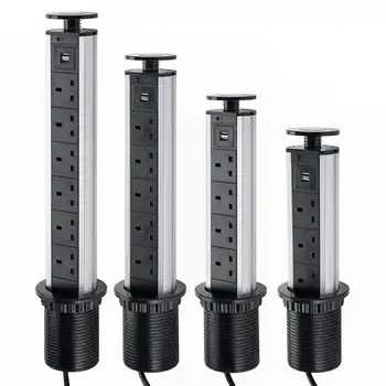 

NEW 3/4/5/6 power UK Plug Kitchen Table Electrical Socket Power 1 Led+2 charge USB Aluminum Shelf Silver/Black Cap