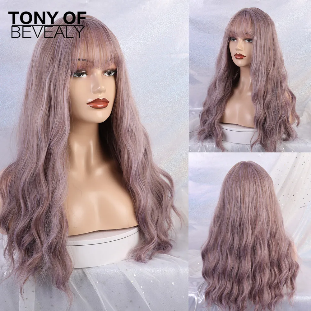 Synthetic Long Body Wavy Natural Hair Wigs With Bangs For Black Women Mixed Purple Cosplay Wigs Heat Resistsnt Fiber Wigs