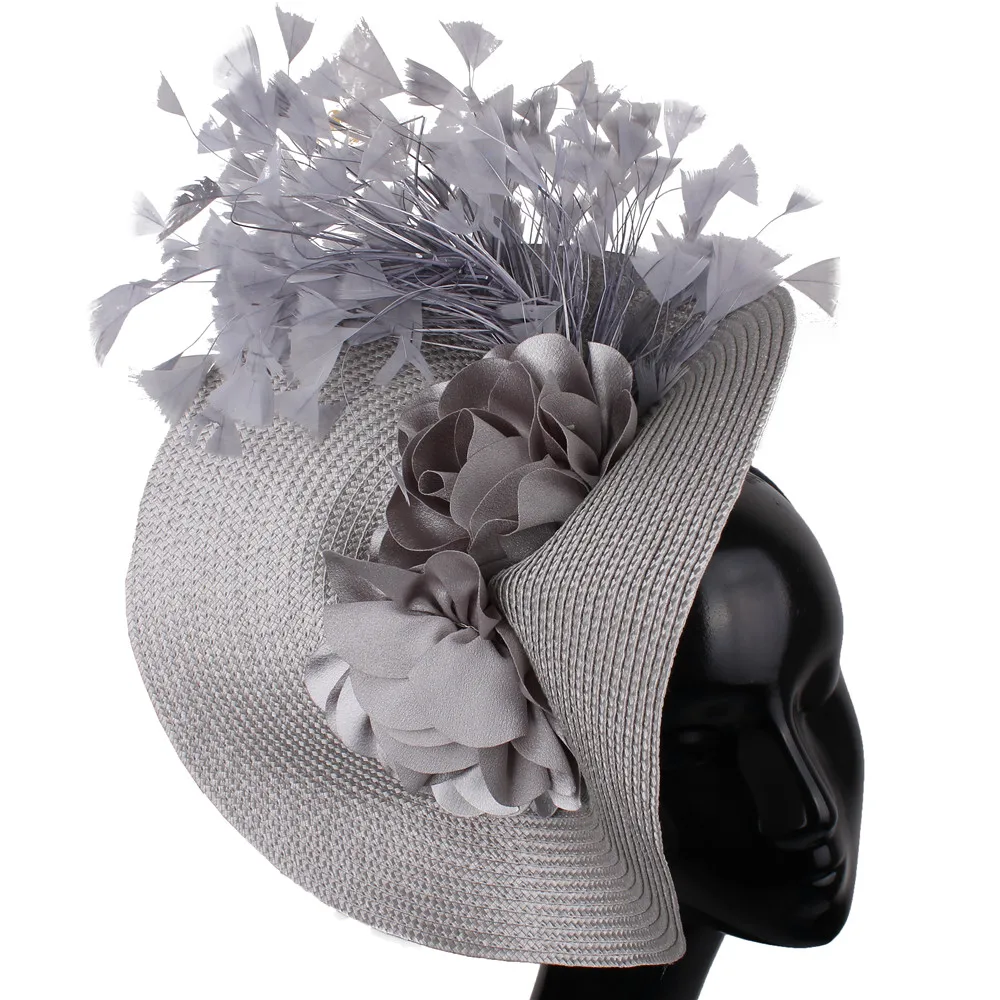 Серая трубочка для коктейля, шляпка millinery Disc, вуалетки sinamay, перо, винтажные, вечерние, для чая, шляпа, искусственный цветок, украшение, головной убор