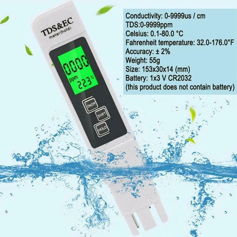 

TDS&EC LCD Digital Water Quality Tester TDS EC Meter Range 0-9990 Multifunctional Water Purity Temperature Meter TEMP PPM Tester