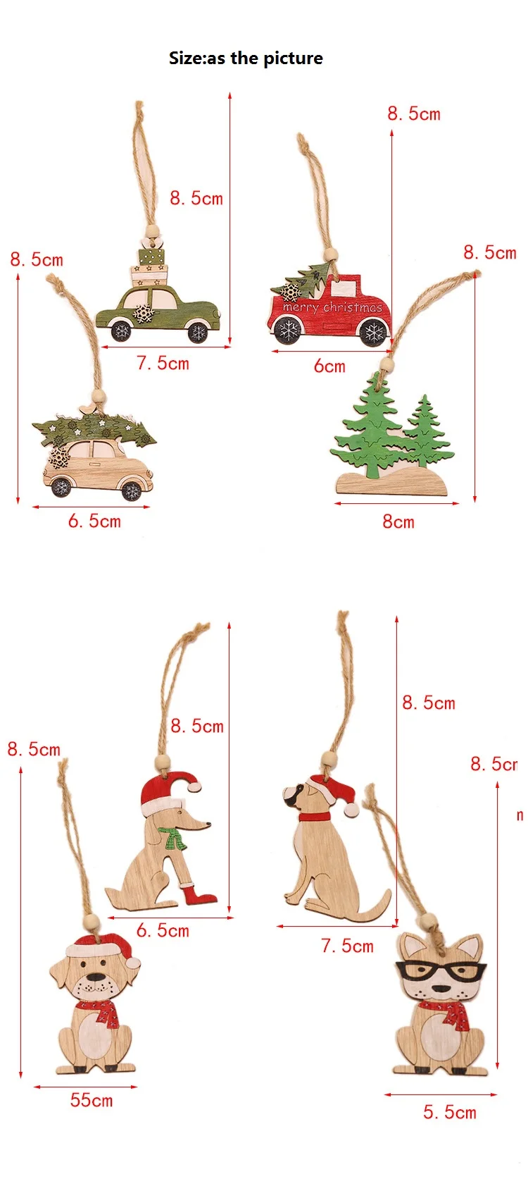 4 шт. рождественские украшения деревянные Мультяшные Подвески с автомобилем милые животные собака Рождественская елка подвесные рождественские украшения для дома