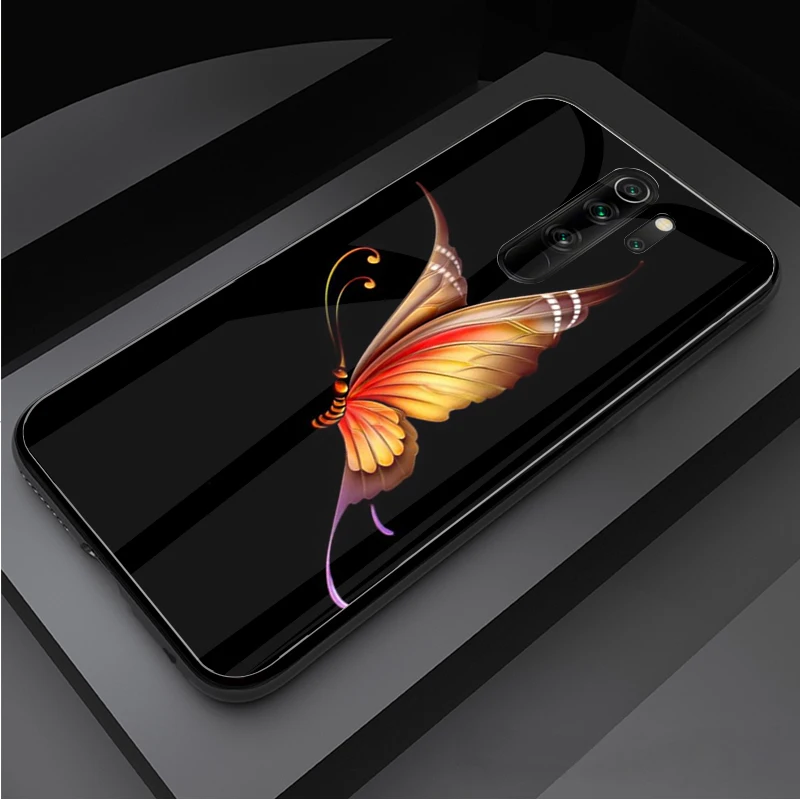 Butterfly Tempered Glass Phone Case For Redmi Note 5 6 7 8 9 Pro Note8T Note9S Pro Redmi7A 8 9 Cover Shell 