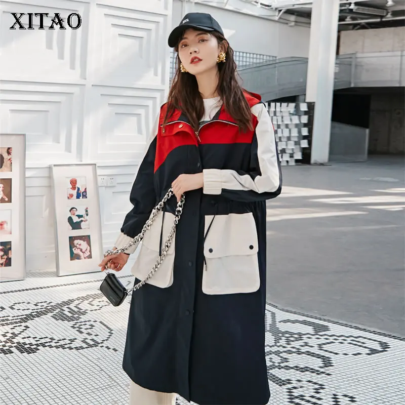 

XITAO Print Pattern Trench Hit Color Fashion Full Sleeve Patchwork Wide Waist Hooded Collar 2020 Spring Casual Coat DMY3553