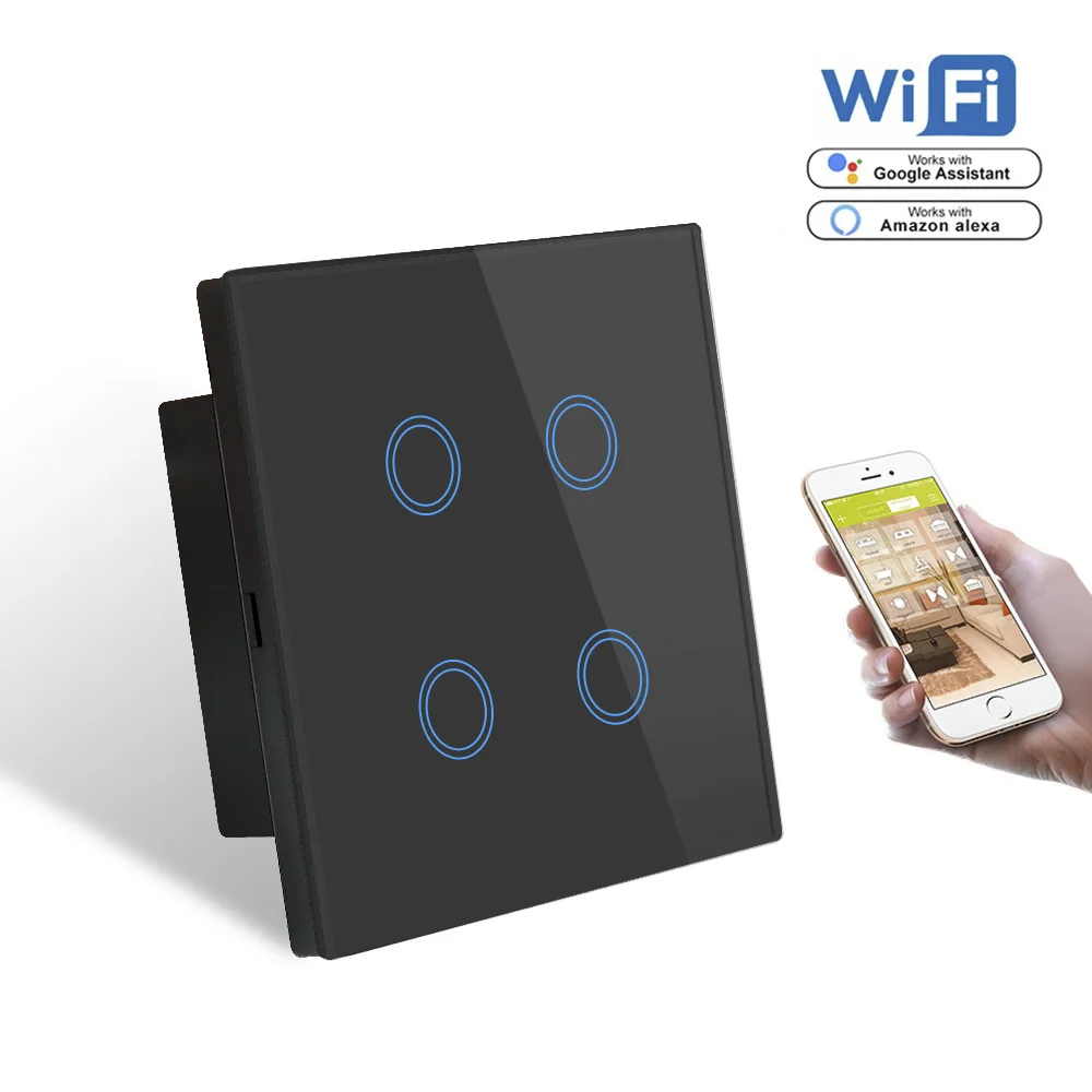 black WIFI Switch Стандарт Великобритании wifi смарт-коммутатор 4 комплекта, Alexa Голосовое управление настенный Wifi переключатель 1000 Вт, белая кристальная стеклянная панель 220 В - Цвет: black WIFI Switch