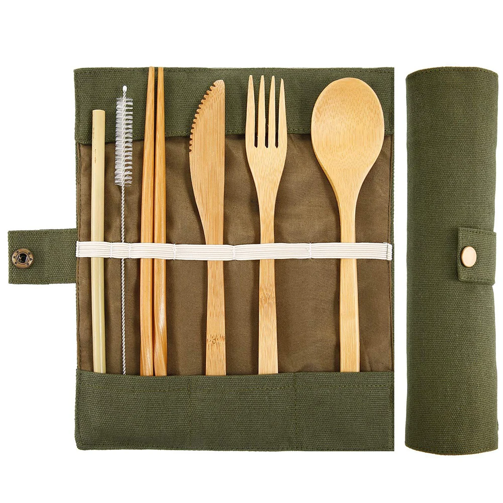 

7pcs Straw Kitchen Utensil Portable Bamboo Utensils Travel Cutlery Set Eco-friendly Chopsticks Spoon Fork Straw and Storage Bag
