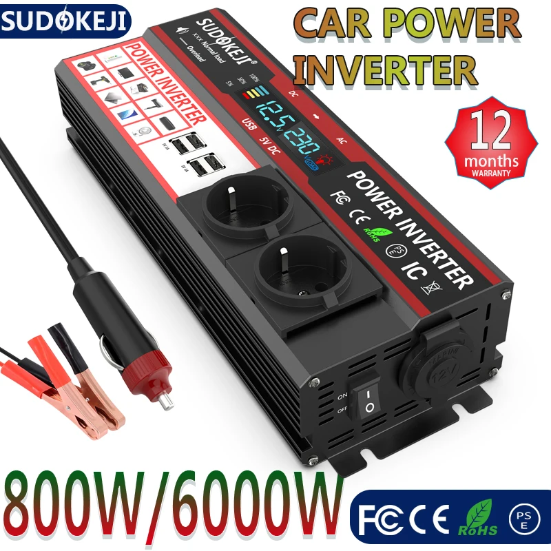 Sudokeji 6000W Car Power Inverter 800W DC 12V To 120V 220V 230V 240V&ampLCD Display EU US UK Global Socket(1 Year Warranty) |