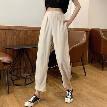 

Plus Size 2020 New Chic Summer Thin Cotton and Linen Straight Women Pants Pockets High Waist Casual Loose Ankle-Length Pants
