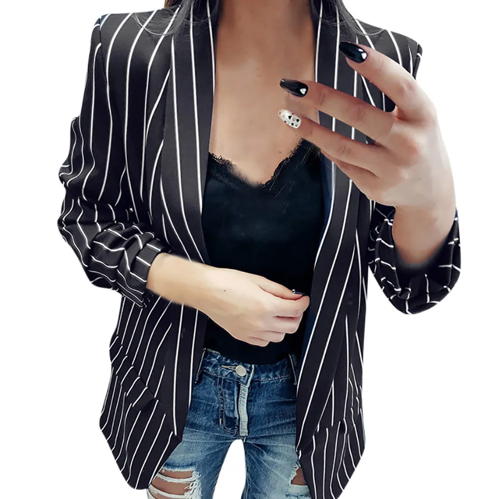 

Striped Print blazer feminino Ladies Long Sleeve Notched Stylish Duster Blazer Jacket Coat Office Lady bleizer mujer 2019