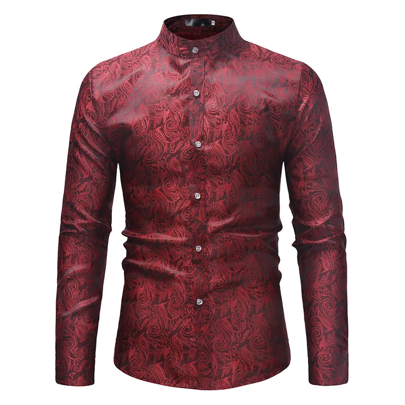 Винно-красная рубашка с орнаментом Пейсли для мужчин 2019 Фирменная Новинка длинный рукав мандарин вечерняя рубашка с воротником Мужская s