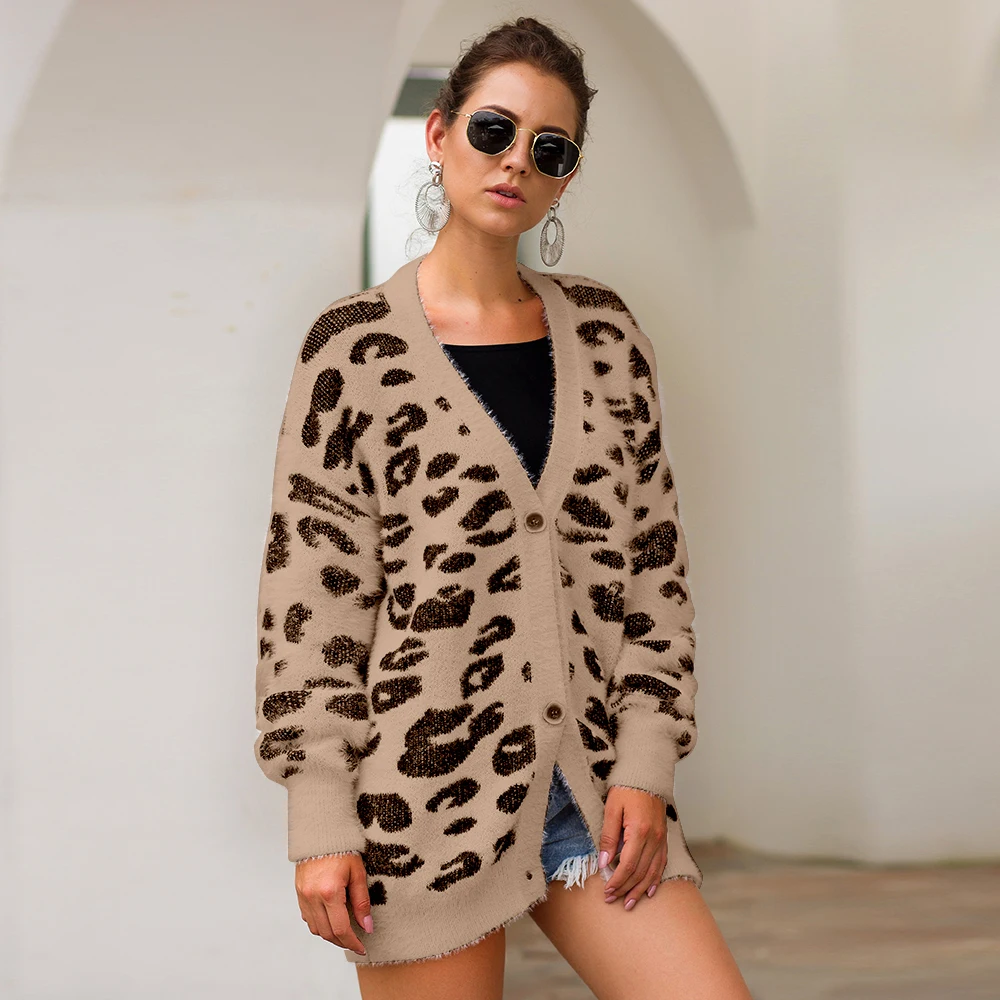 

Leopard Cardigans Sweater Women Loose V neck Long Sleeve Knitwear Single Breasted Casual Knit Cardigan Coat 2019 Autumn Winter