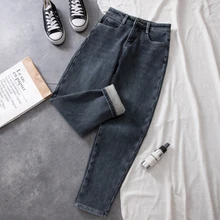 Зимние плотные теплые Стрейчевые джинсы с высокой талией для женщин, женские Простые повседневные черные брюки размера плюс, шаровары, свободные популярные женские штаны