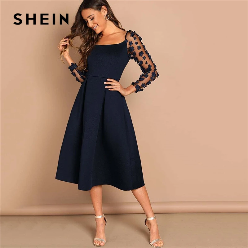 SHEIN Night Out Contrast Mesh Appliques Pleated Square Neck Knee Length Dress Autumn Modern Lady Workwear Women Dresses