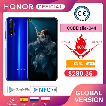 Перейти на Алиэкспресс и купить В наличии глобальная версия Honor 20 смартфон 6G128G Kirin 980 Восьмиядерный 6,26 ''48MP четыре камеры мобильный телефон Google Play SuperCharge NFC