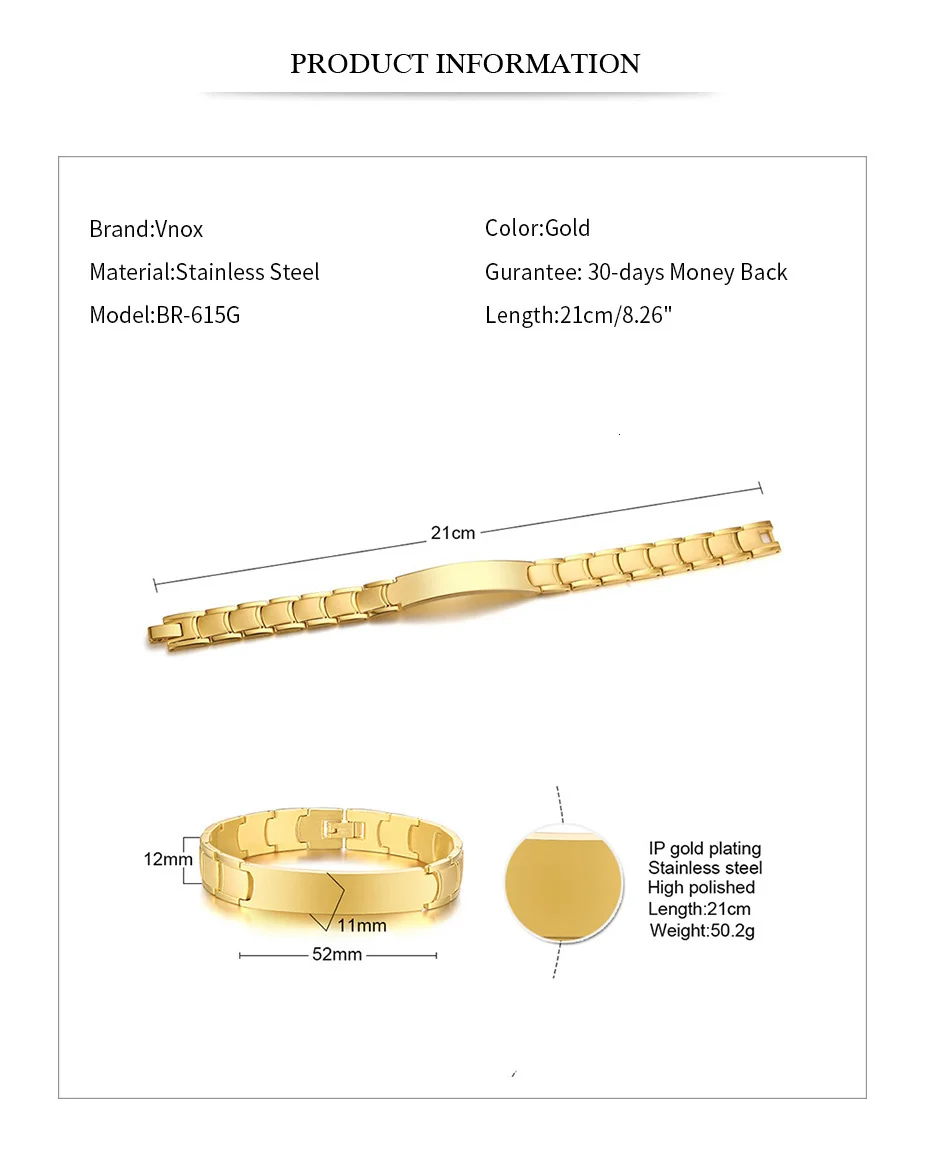 Vnox для мужчин простой нержавеющей стали ID цепи браслеты с персонализированной гравировкой золотой тон мужские ювелирные изделия