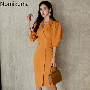 

Nomikuma Lantern Sleeve Double Breasted Yellow OL Dress Women Solid Color High Waist Slim Dresses Ladies Fashionable New 3a093