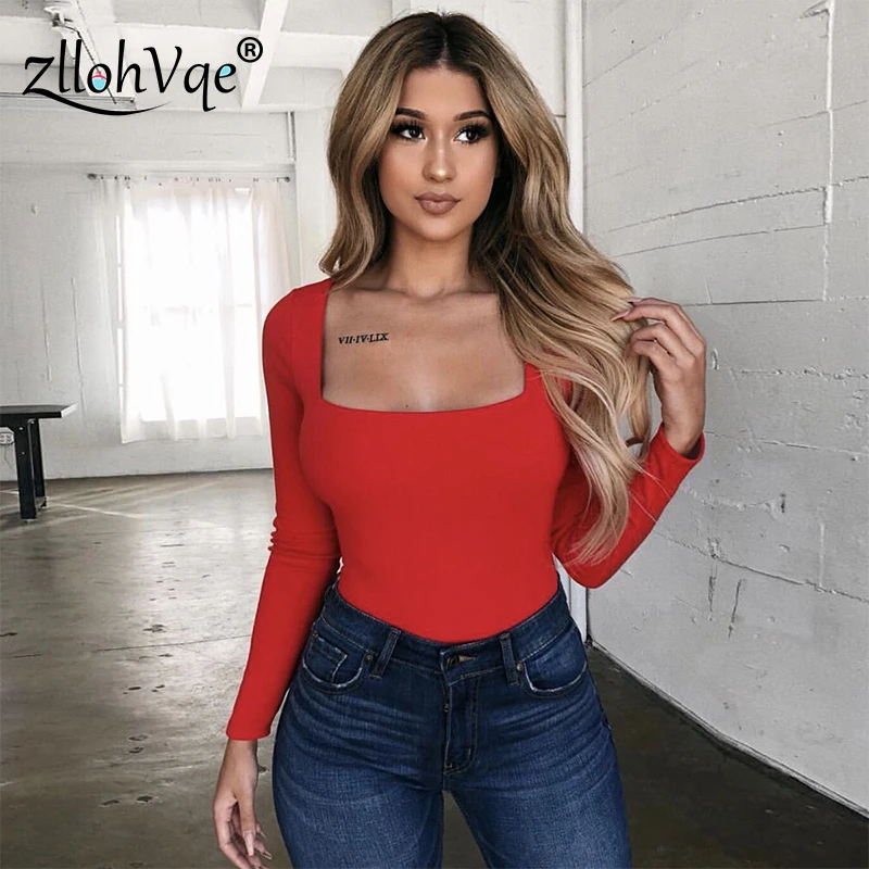 Zllohvqe Long Sleeve Square Collar Female Top Tunique Tight Top Pure Color