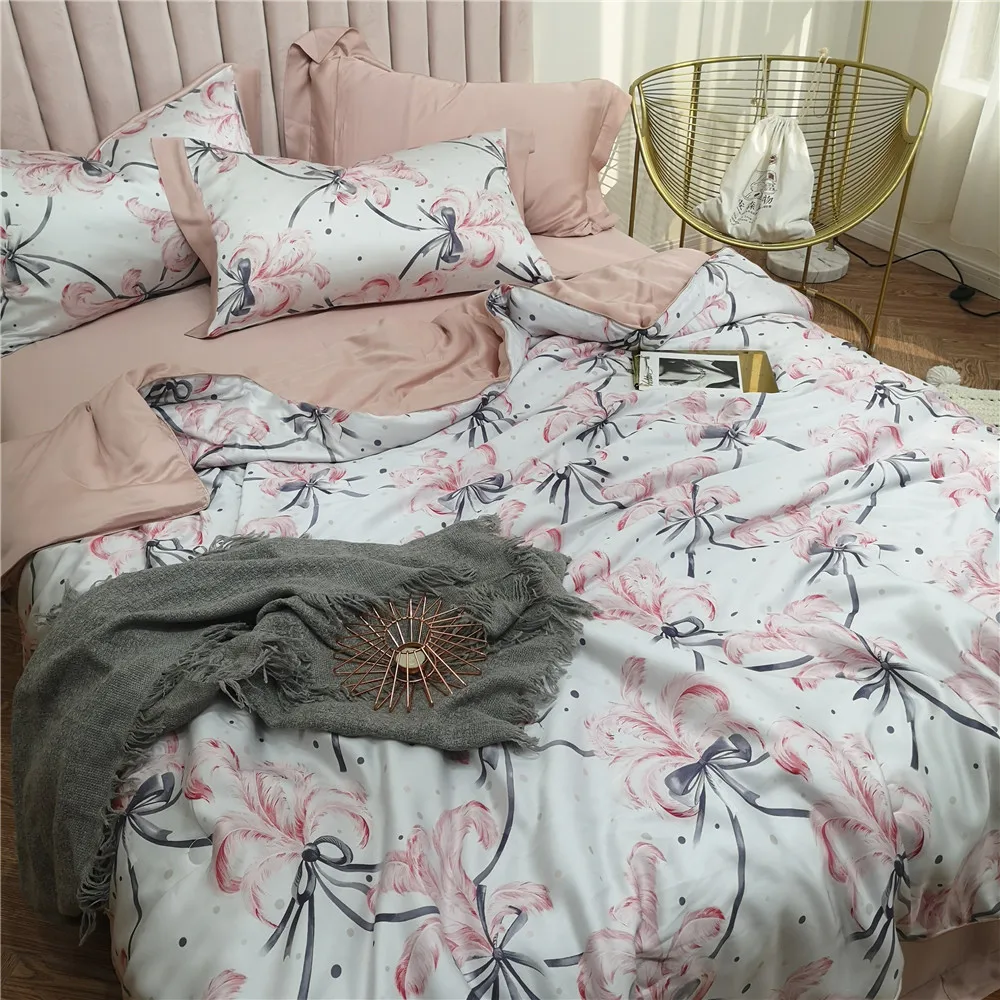 

New Style Tencel Summer Quilt Four-piece Set Hipster Printed Bare Sleeping Skin Summer Bed Summer Viscose Airable Cover