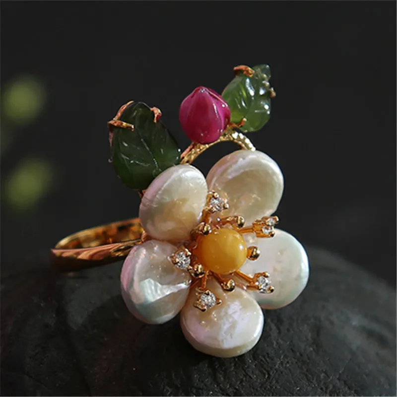 

Bebeoso handmade shaped freshwater pearl flower beeswax glazed opening rings Original handmade designer rings for women jewelry