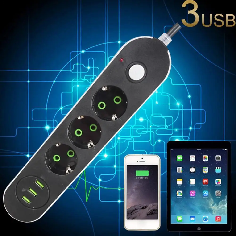 

3 USB Multi-port Charging Socket 3 Plug Power Strip For EU Cable Plug Universal Outlets Electrical Switch 1.8M Suitable Soc B7K1