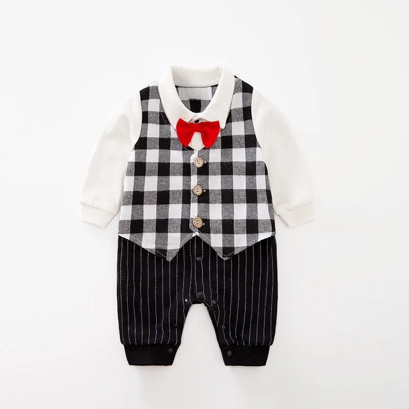 YiErYing Newborn Baby Boy Romper Jumpsuit Overalls Infant Cotton Outfit Black and white grid with Bow Tie Gentleman's baby |