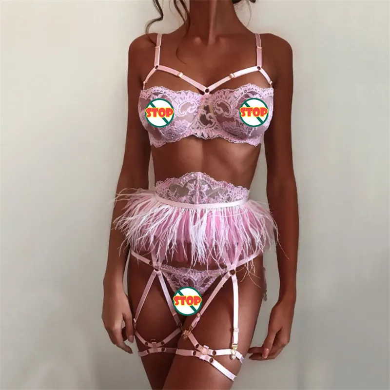 Розовый Женский сексуальный комплект, нижнее белье SISSY porno, прозрачный кружевной бюстгальтер, набор элегантных женских эротических нижнего белья, набор набедренных повязок, Экзотическая одежда - Цвет: Розовый