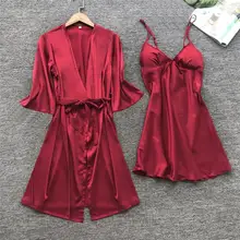 Модная новинка Женская Сексуальная кружевная атласная ночная рубашка+ банный халат, пижамный комплект с рукавом до локтя, комплект для отдыха, женская ночная сорочка