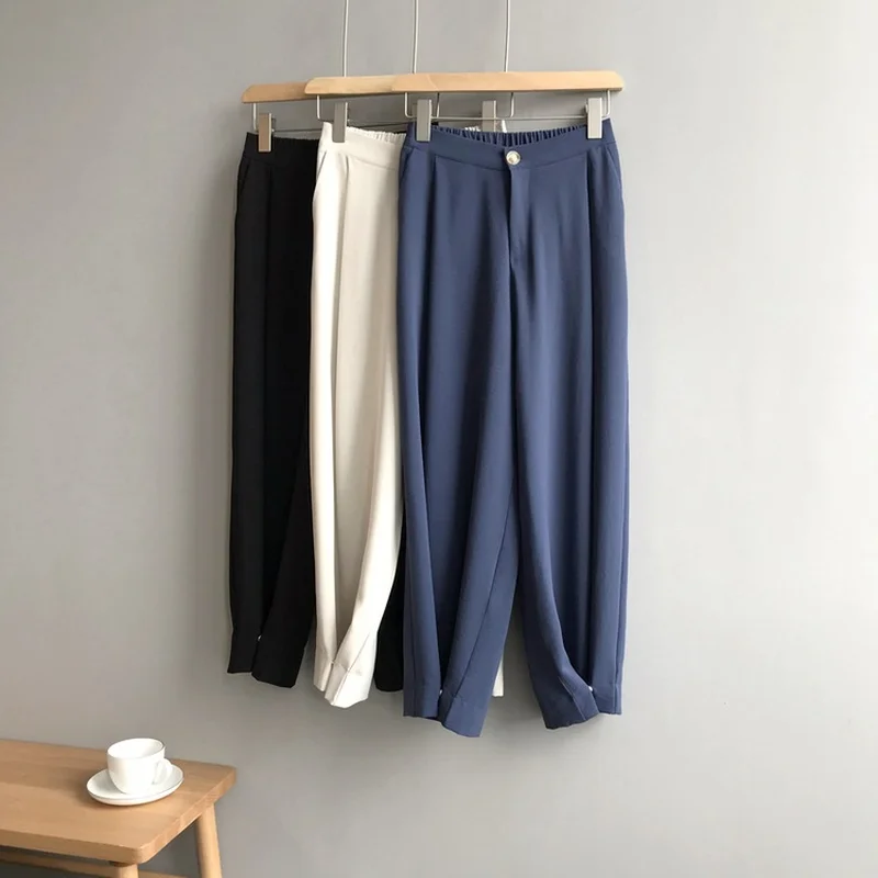 

Autumn 2019 New Drop Feeling Wide Leg Pants Solid Foot Closure Grandma Pants Chiffon Leisure Ankle-Length Casual Pants Female