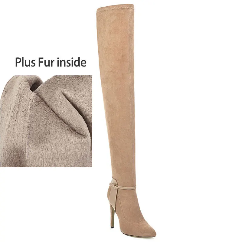 plush apricot Sgesvier/флоковые Сапоги выше колена с пряжкой черные вечерние сапоги на высоком тонком каблуке с резиновой подошвой элегантные женские сапоги с острым носком на пикантном каблуке G780 - Цвет: plush apricot