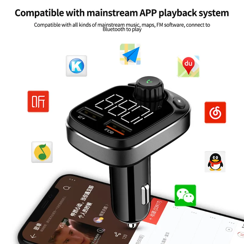 QC3.0 Fast Charging Fm Transmitter Car Bluetooth MP3 Player High Resolution stereo Handsfree Call LED Display 12V-24V APE FLAC