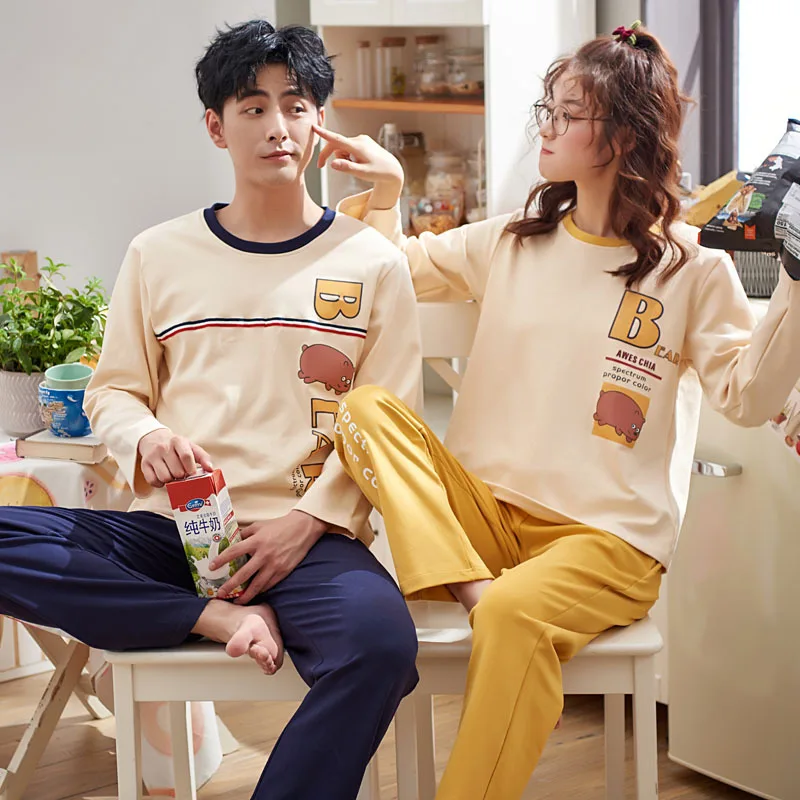 QWEEK/хлопковое ночное белье с длинными рукавами для женщин из двух предметов, корейская версия, пижамы для влюбленных пар, новые домашние пижамы с рисунком, Женский комплект